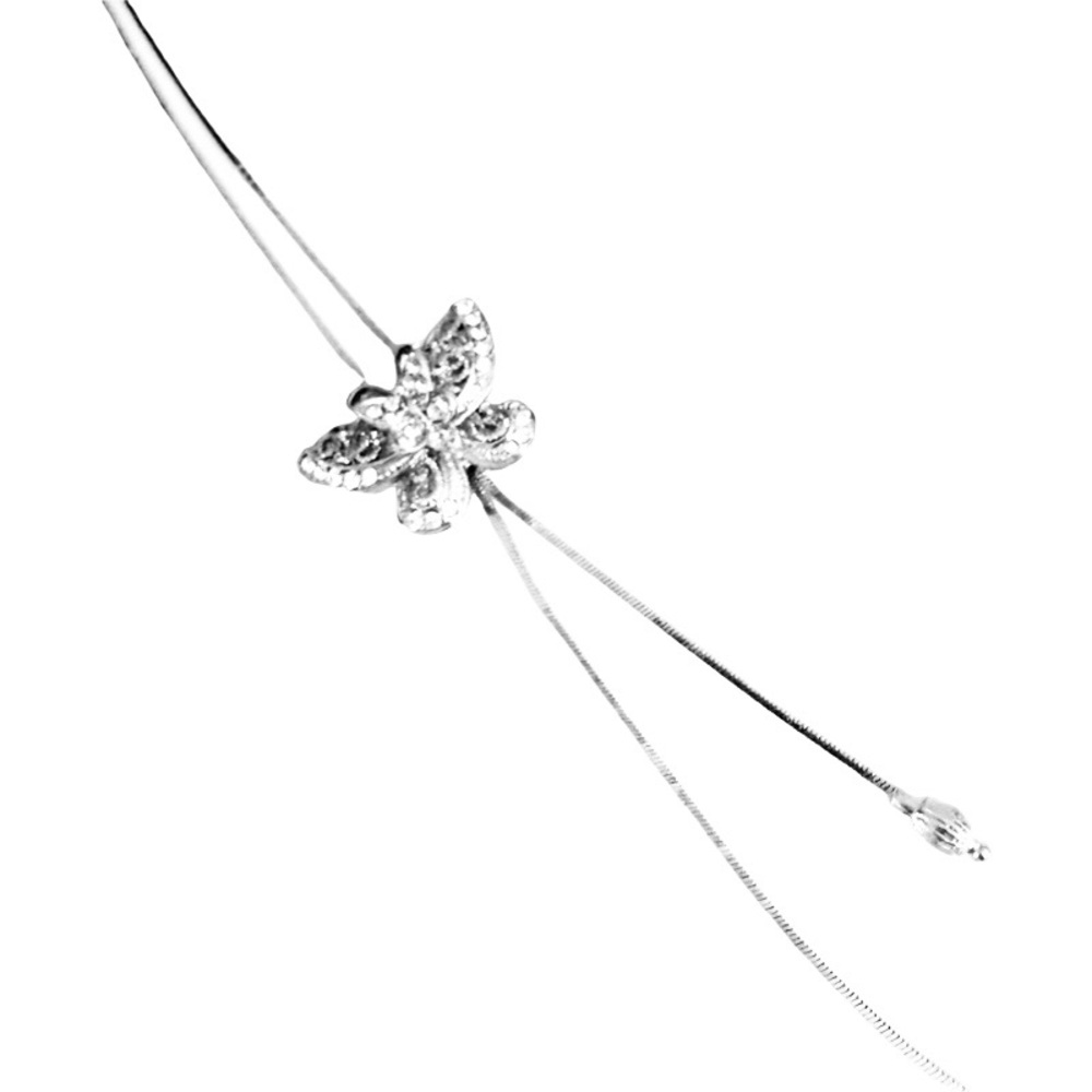Crystal Butterfly Lariat Necklace Adjustable Silver